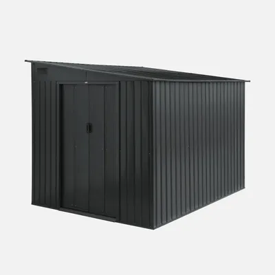 A dark gray metal garden shed with a sloped roof and double doors, presented against a plain light gray background.