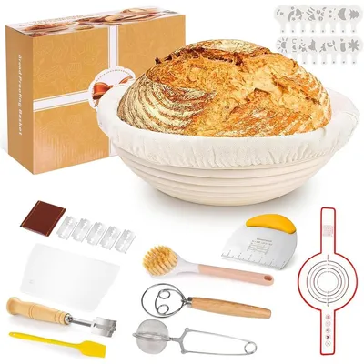 Produktbild von 34-teilig Gärkorb Brot Set, 23 cm Gärkorb rund und Komplettset Backzubehör, Gärkörbchen für Brot brot backen Gärkorb rund Einsteigerset für Anfänger
