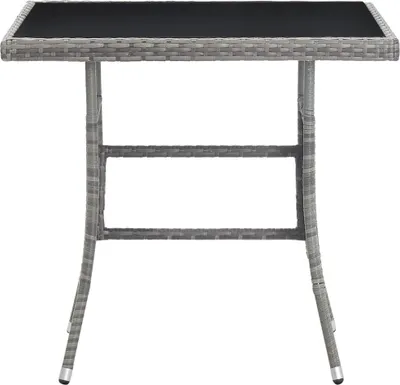 A studio shot of a gray rattan table with a black top, isolated on a white background.