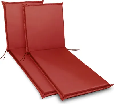 Two red chaise lounge cushions are shown side-by-side on a white background.