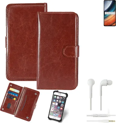 Produktbild von K-S-Trade 360° Hülle kompatibel mit Xiaomi Redmi K40S inkl. Headphones braun Kunstleder Case BookCase WalletCase Kunstlederederhülle Handyhülle,