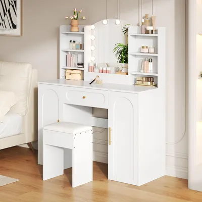 Produktbild von Flieks Schminktisch mit Kosmetikspiegel und Hocker, Spiegel mit Led, Frisierkommode Frisiertisch mit Schublade, Regal und 2 Türen, Weiß