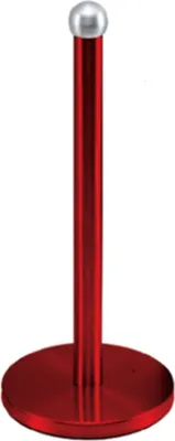 A red kitchen roll holder with a silver top.