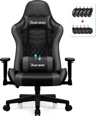 Produktbild von Gaming Stuhl mit Wippfunktion und 170° Rückenlehne, verstellbare Armlehne und Lendenkissen