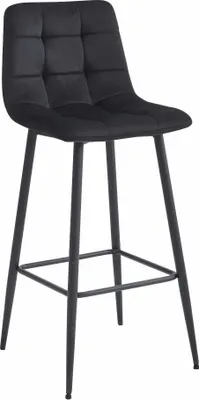 A black bar stool with a tufted seat and black metal legs, shown against a white background.