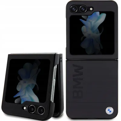 A black foldable smartphone with the BMW logo on the back, shown in both open and closed positions.