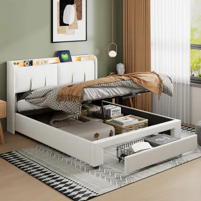 Produktbild von SUNFECILI Polsterbett 140x200 cm,Boxspringbett 140x200,mit Lattenrost,Weicher Rückenlehne und Kopfteil,USB,LED,Schublade,Doppelbett,Samt Stoff,Grau