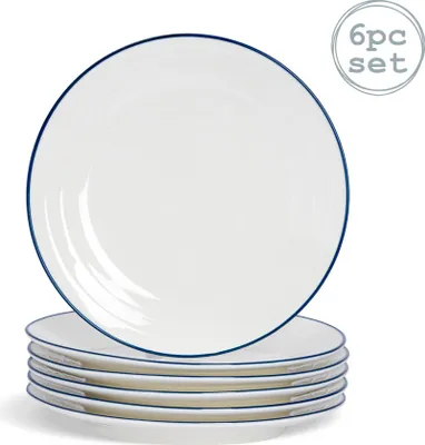 Produktbild von Nicola Spring 6 Stück Land Bauernhof Weiß Große Teller mit blauen Felgen - 26cm