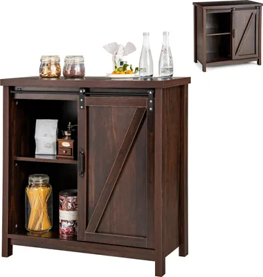 A dark brown wooden cabinet with sliding barn doors, displaying kitchen items on shelves and on top.
