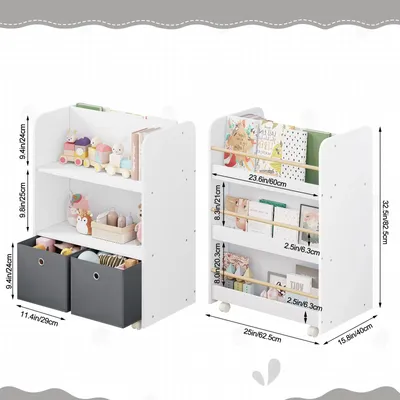 Immagine prodotto di Libreria per bambini con rotelle - Libreria mobile a doppio lato - Contenitori portaoggetti - Legno - 62,5 x 40 x 82,5 cm - Bianco