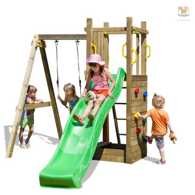Produktbild von Fungoo Spielturm "Funny 3" natur mit Schaukel, Rutsche, Sandkasten und Kletterwand