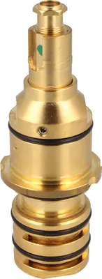 A close-up studio shot of a brass thermostat cartridge.