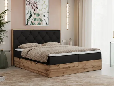 Produktbild von MKS MEBLE Boxspringbett 180x200 mit Bettkasten Eiche, Polsterbett 180x200 mit Matratze H4, Bett 180x200 mit Kopfteil, Bett mit Holzrahmen in Wotan Eiche - Schwarz Kunstleder - Veneto