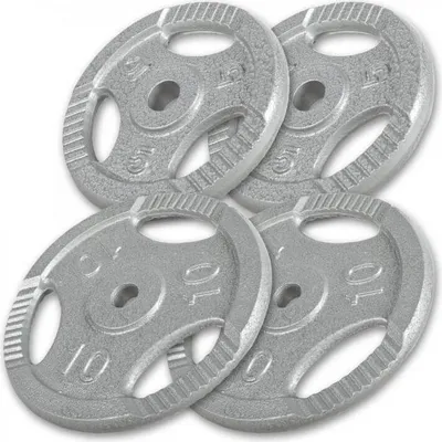 Produktbild von GORILLA SPORTS® Hantelscheiben - 30kg Set (2x5 + 2x10 kg) Gewichte, Tri-grip, 30mm, Gusseisen, Silber - Gewichtsscheiben, Hanteln Set
