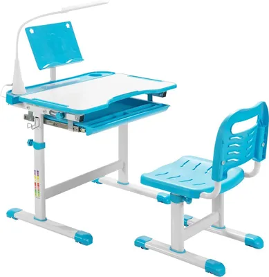 Produktbild von Kinderschreibtisch höhenverstellbar, Schülerschreibtisch neigungsverstellbar, Jugendschreibtisch mit LED-Lampe und Bücherständer, Schreibtisch Set für Kinder mit Stuhl und Schublade (Blau)