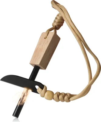 A fire starter tool with a wooden handle and a metal striker, creating sparks.