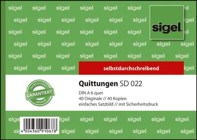 Immagine prodotto di Sigel® SD022 Ricevute con stampa di sicurezza A6 orizzontale a blocco unico 1° e 2° foglio stampato SD MP 2 x 40 fogli(T)