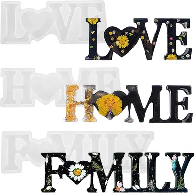 Produktbild von Sada 3 silikónových foriem, epoxidové živicové formy love home family, sada 3D živicových odlievacích foriem pre DIY šperky, domáce dekorácie a stolové dekorácie