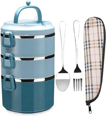 Image de Boîte à bento à plusieurs étages avec poignée - Boîte à lunch en acier inoxydable 18/8 à 3 étages - Bleu