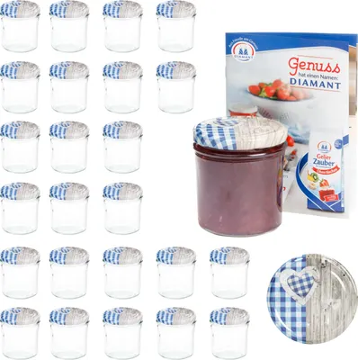 Image de 25 bocaux 350 ml couvercle cœur bois bleu à carreaux bocal à conserves verre