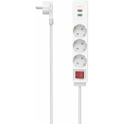 A white power strip with three outlets, two USB ports, and a red power switch, shown against a white background.