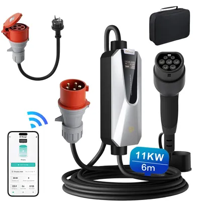 Image de Hexinex Typ2 EV, câble de recharge portable pour voiture électrique, 11 kW, triphasé, 16A, 6 mètres, contrôle via application, prise CEE, sac de rangement inclus, écran LCD