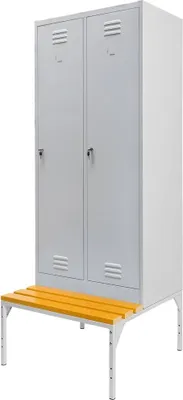 Zdjęcie produktu dla Szafka ubraniowa BHP socjalna metalowa Mega-M J-80 na podstawie z ławeczką dwudrzwiowa szara 80x80x223 cm skręcana