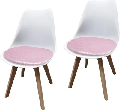 Two white chairs with pink patterned cushions and wooden legs, isolated on a white background.