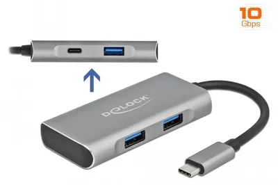 Produktbild von DeLOCK Externer USB 10 Gbps USB Type-C Hub mit 3 x USB Typ-A und 1 x USB Type-C, USB 3.2 Gen 2 (3.1 Gen 2) Type-C, USB 3.2 Gen 2 (3.1 Gen 2) Type-A, USB 3.2 Gen 2 (3.1 Gen 2) Type-C, 10000 Mbit/s, Schwarz, Grau, Aluminium, 0,12 m