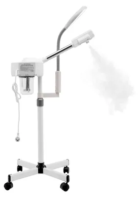 Produktbild von Gesichtsdampfer 2 in 1 - Profi Gesichtssauna mit LED-Lupenlampe - 5X Vergrößerung - Ozonfunktion - 800 W, 220-240 V - Rollbarer Standfuß - Weiß