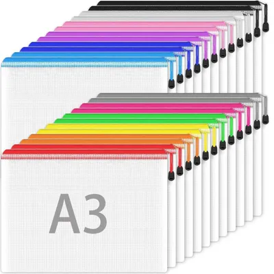 Image de Pochettes de documents format A3, lot de 24, 12 couleurs, en mesh et PVC, avec fermeture éclair, dimensions 44 x 31 cm