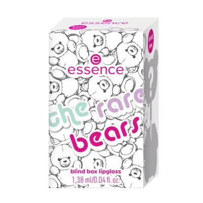 A product box for Essence Lipgloss The Rare Bears Box, featuring a pattern of teddy bears and the product name.