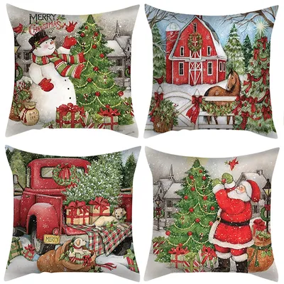 Weihnachts-Kissenbezüge aus Leinen, 4 Stück, 45x45 cm