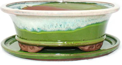 Immagine prodotto di Ciotola bonsai con piattino Gr. 4 - smalto speciale con elegante effetto sfumato - ovale 09 - verde chiaro-beige - L 25,5cm - P 21cm - H 9cm