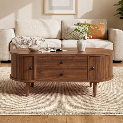 Produktbild von Couchtisch mit 2 Schubladen Ovaler Beistelltisch Wohnzimmertisch 100 L x 50 B x 40 H Nussbaum