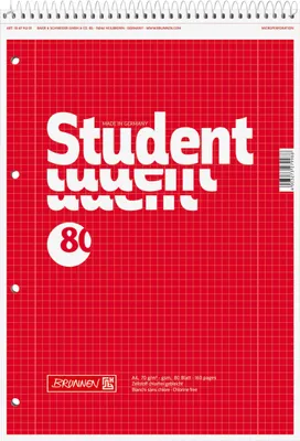 Obrázok produktu pre BRUNNEN 106791201 Collegeblock Student A4 šachovnicový, s okrajovou linkou zvnútra aj zvonka, Lin. 28 Titulná strana: červená