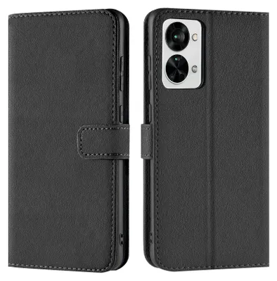 A black book-style phone case for a OnePlus Nord 2T 5G is shown from the front and back.