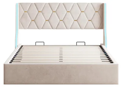 Produktbild von Polsterbett Doppelbett - Bett mit hydraulischem Stauraum - 140×200 cm - LED Beleuchtung - Samtbezug - Kopfteil mit Rückenlehne - Tragkraft 250 kg - Beige