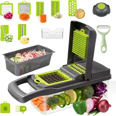 Imagen del producto de Rebanadora multifunción para verduras, 16 en 1, con cuchillas de acero inoxidable, fabricada en ABS, ideal para verduras y frutas