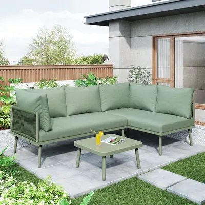 Produktbild von STILVORA Garten-Lounge-Set aus grünem Seil mit handgeflochtener Struktur und pulverbeschichtetem Eisenrahmen, Gartenmöbel-Set L-förmig mit 10 cm dicken Sitzkissen für hohen Komfort, Outdoor-Sofa mit gehärtetem Glastisch und verstellbaren Füßen Grün