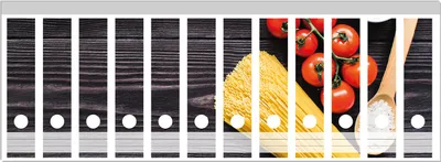 Produktbild von Wallario Ordnerrücken Sticker, selbstklebend für breite Ordner, 12 Stück, Motiv Italienisches Menü mit Spaghetti, Tomaten, Salz und Chilischoten