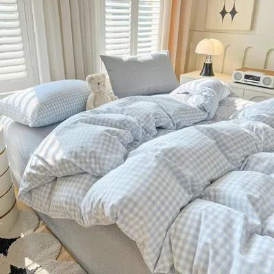 Productafbeelding van Beddengoedset 220x240 cm, blauw-wit geruit, met 2 kussenslopen van 80x80 cm, gemaakt van microvezel