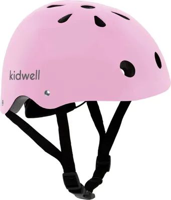 A pink helmet with black straps and vents, with the brand name 'kidwell' on the side.