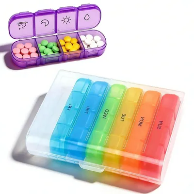 Immagine prodotto di Contenitore per farmaci da 7 giorni, con 4 scomparti colorati, portatile, per pillole, vitamine, olio di pesce