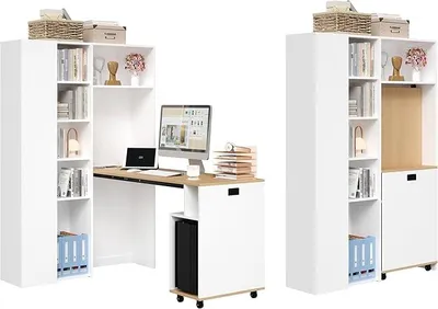 Image de Bureau avec étagères, bureau d'angle rabattable, bibliothèque et bureau pour ordinateur 2-en-1, avec prise de courant et port USB, bureau pour bureau à domicile, bureau d'angle gauche, 104,5 x 30,5 x 160 cm, blanc