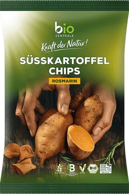 Zdjęcie produktu dla Organiczne chipsy ze słodkich ziemniaków z rozmarynem, chrupiące, pikantne i pyszne 75g