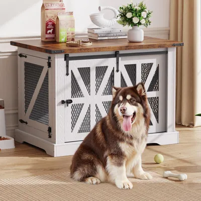 Immagine prodotto di Gabbia per cani da 110 cm, colore bianco - Trasportino per cani con porta scorrevole, in metallo