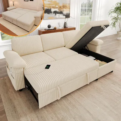 Immagine prodotto di Divano angolare a forma di L MODFU, divano letto con meccanismo a scomparsa, dotato di spazio contenitivo, porta USB/Type-C e schienale. Divano in tessuto corduroy con poggiapiedi, colore beige, dimensioni 212×150×89 cm