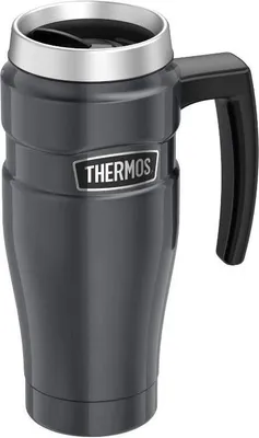 Produktbild von Wasserdichte Thermotasse mit Griff aus grauem Metall.