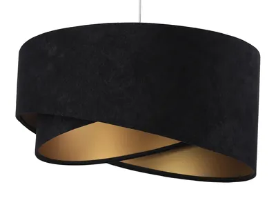 A black and gold pendant lamp against a white background.